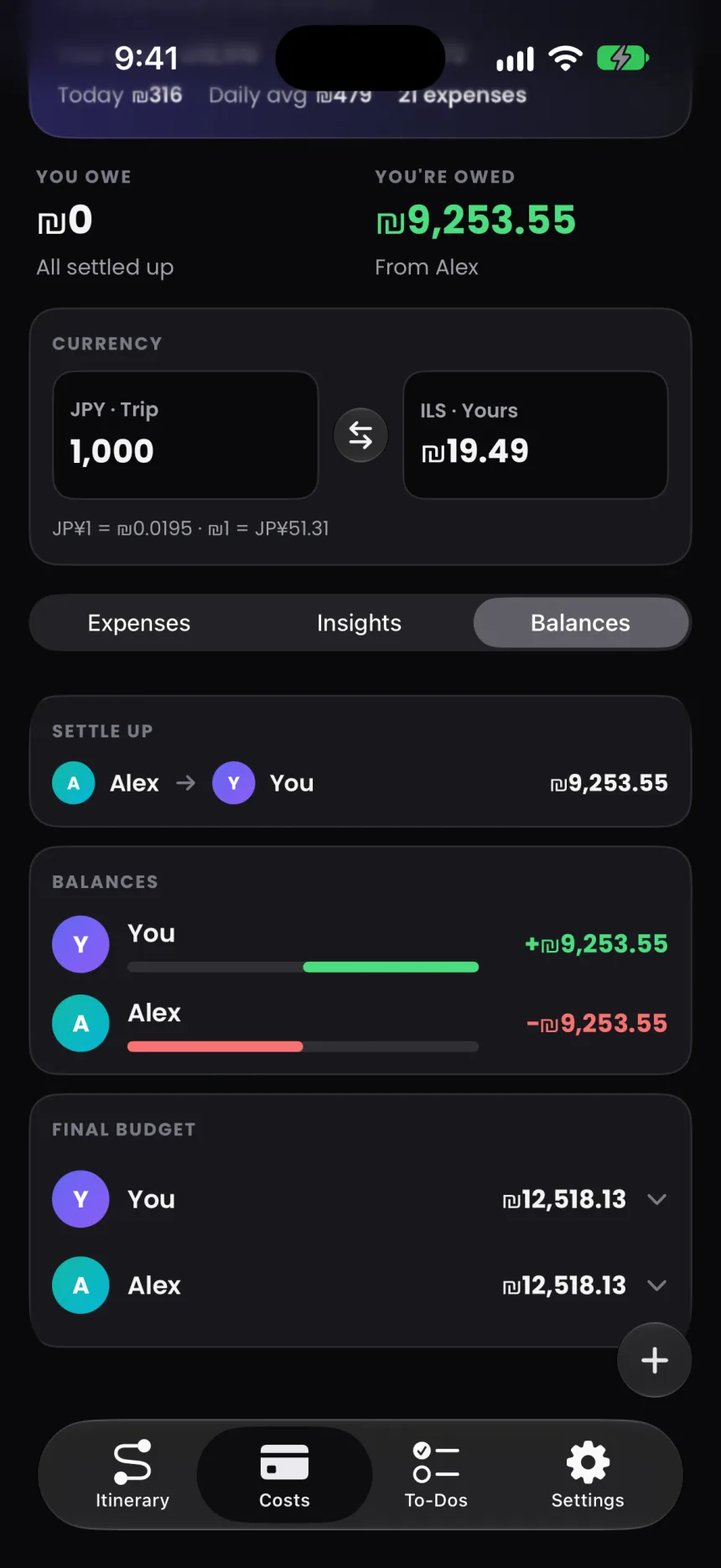 Balances: Alex pays you ₪9,253.55.