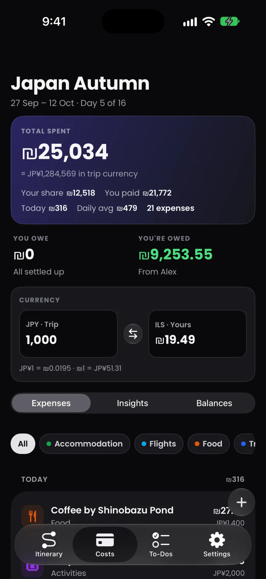 Costs tab: ₪25,034 spent on a trip to Japan, with who owes whom.