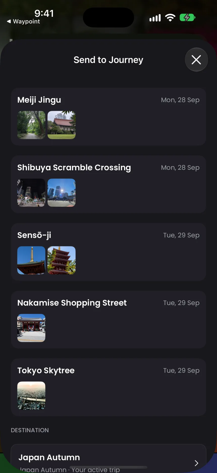 Send to Journey: photos grouped under Meiji Jingu, Shibuya Scramble Crossing, Sensō-ji, Nakamise and Tokyo Skytree.
