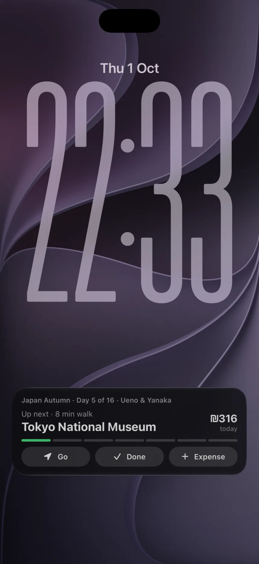 Lock Screen with a Waypoint Live Activity showing the next stop.