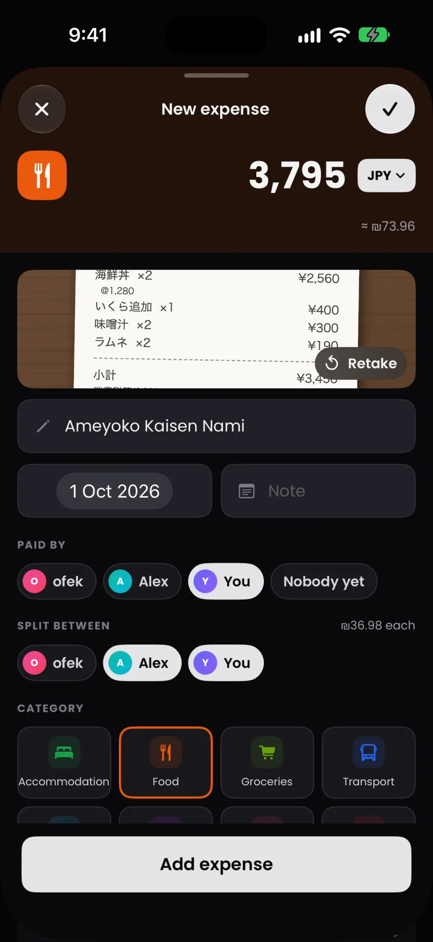 A scanned Japanese receipt fills in a ¥3,795 expense at Ameyoko Kaisen Nami, filed under Food.