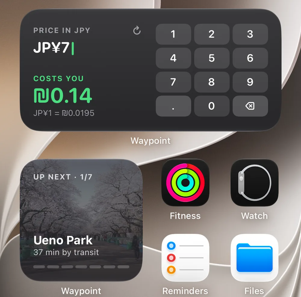Home Screen with the Waypoint converter widget and the Up Next widget.